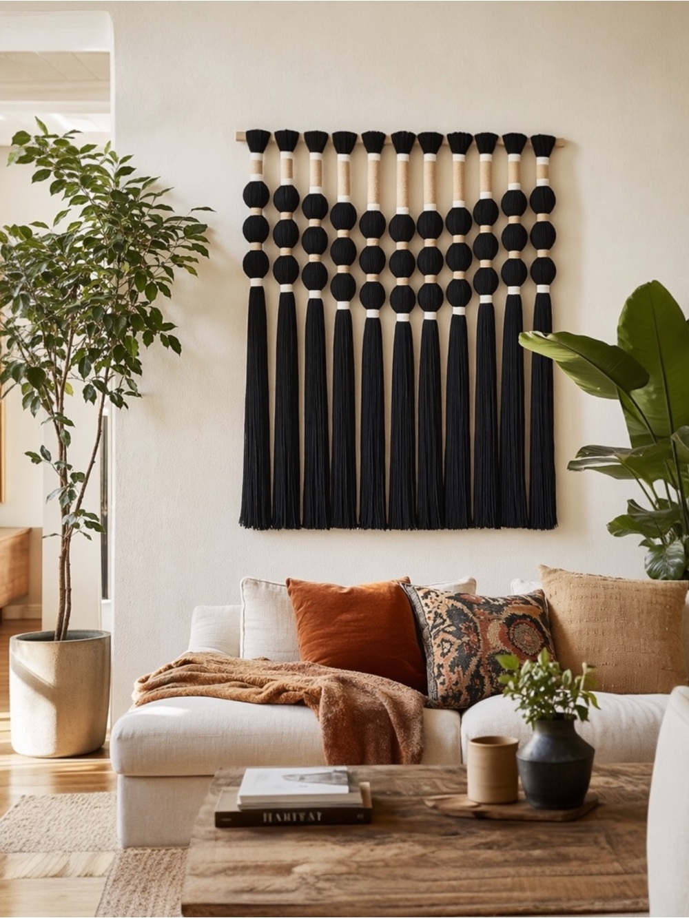 NEW Anthropologie XL Boho Black Ball Tassel Tapestry Woven Wall Hanging - 33"